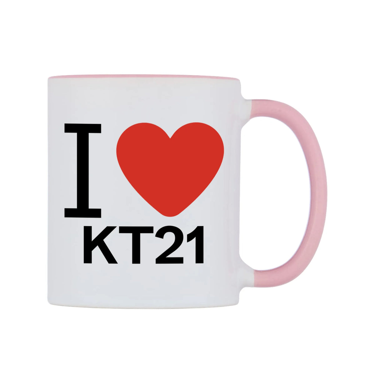 I Love KT21 Mug — white 11oz gloss mug with a pink inside and handle, left side, on a white background