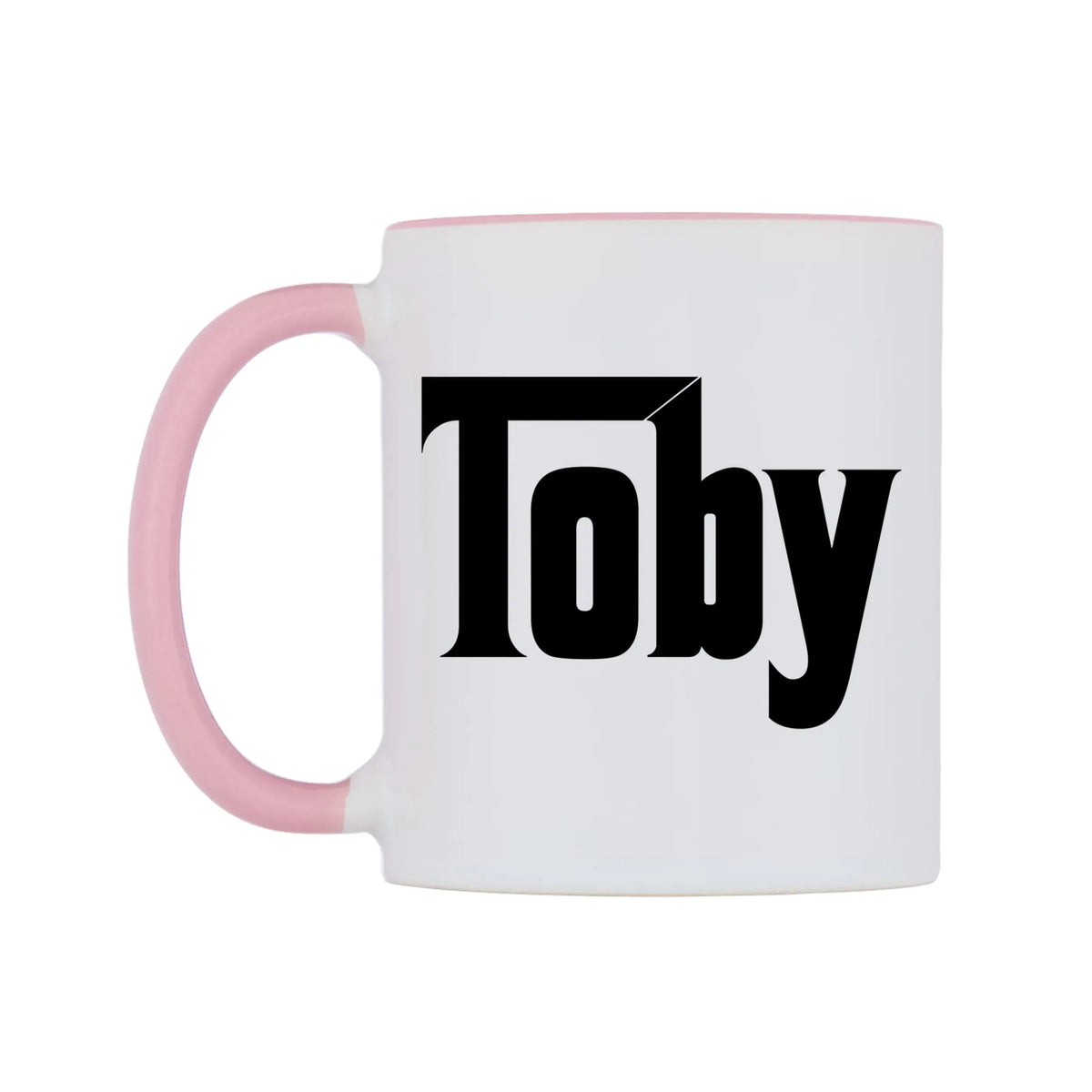 Toby - Godfather Themed Mug — white 11oz gloss mug with a pink inside and handle, right side, on a white background