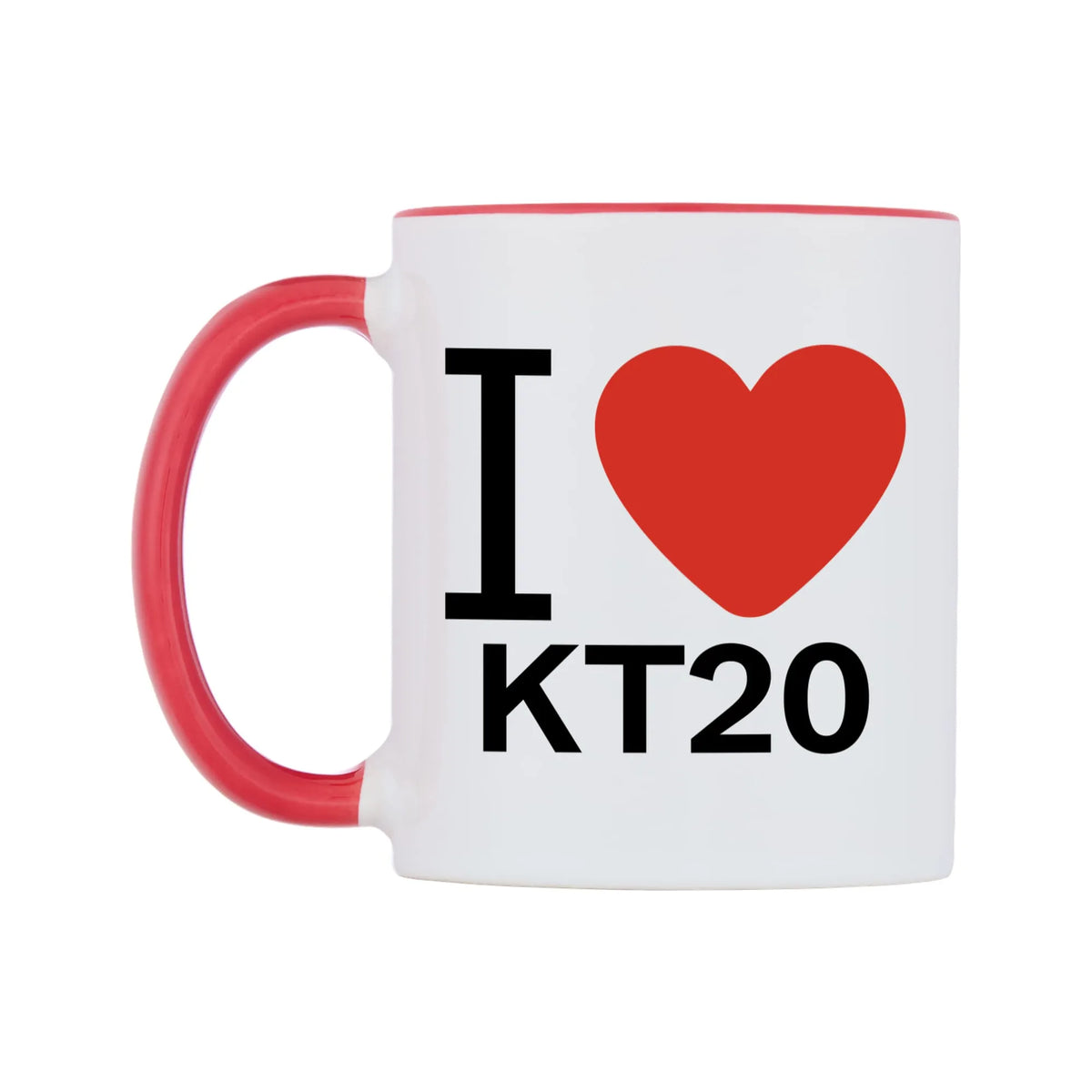 I Love KT20 Mug — white 11oz gloss mug with a red inside and handle, right side, on a white background