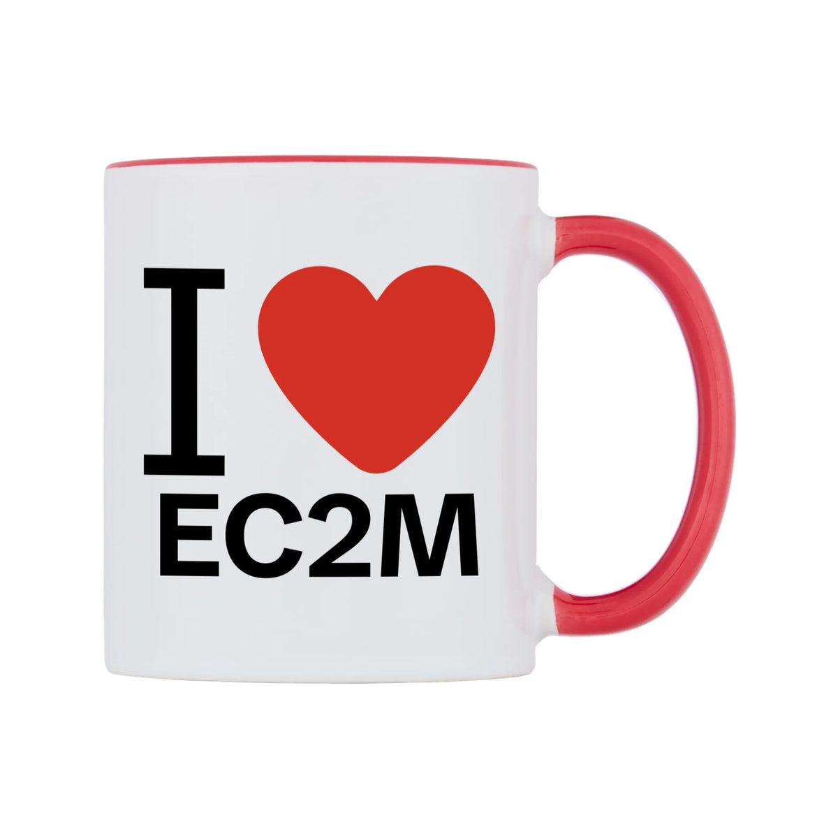 I Love EC2M Mug — white 11oz gloss mug with a red inside and handle, left side, on a white background