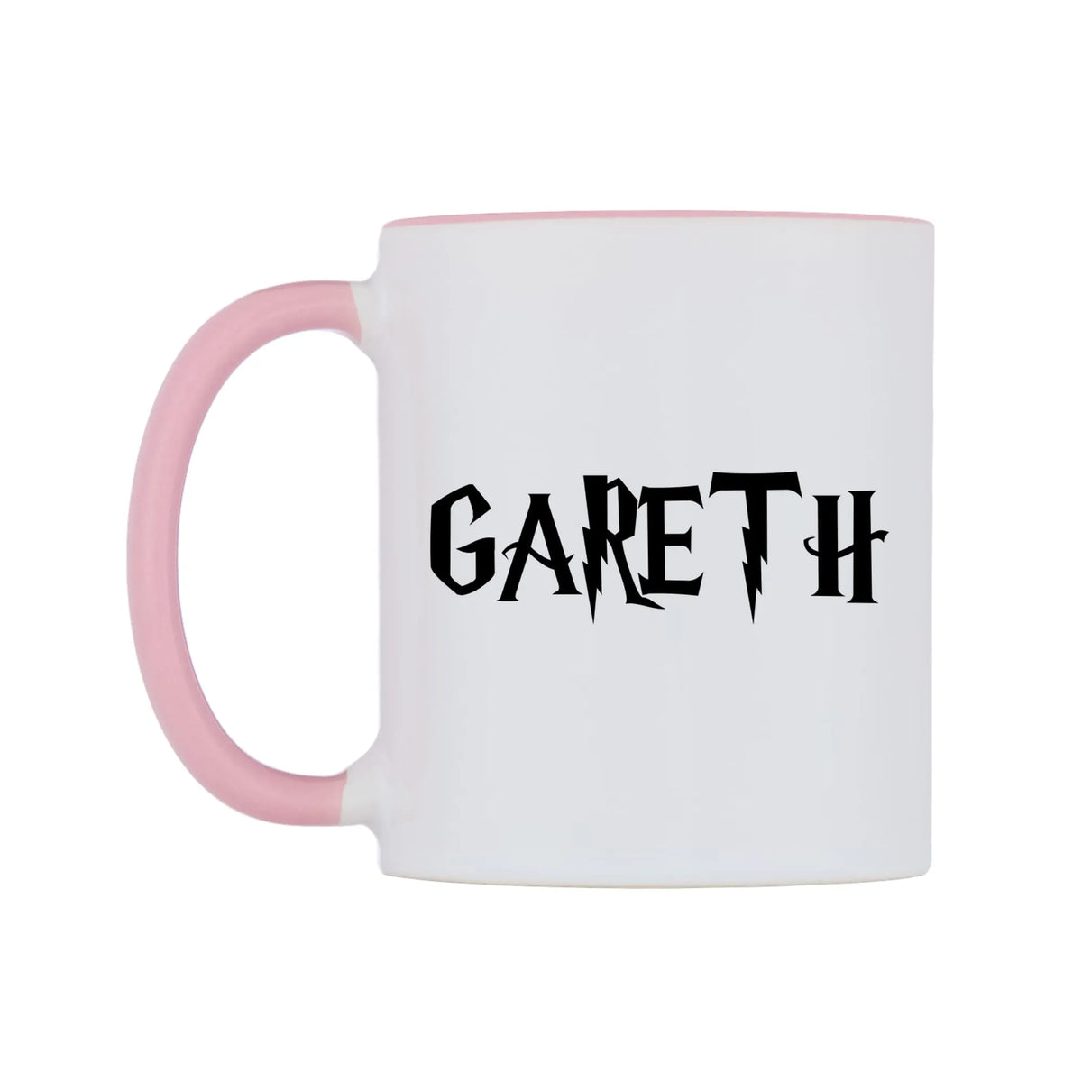 Gareth - Wizard Themed Mug — white 11oz gloss mug with a pink inside and handle, right side, on a white background