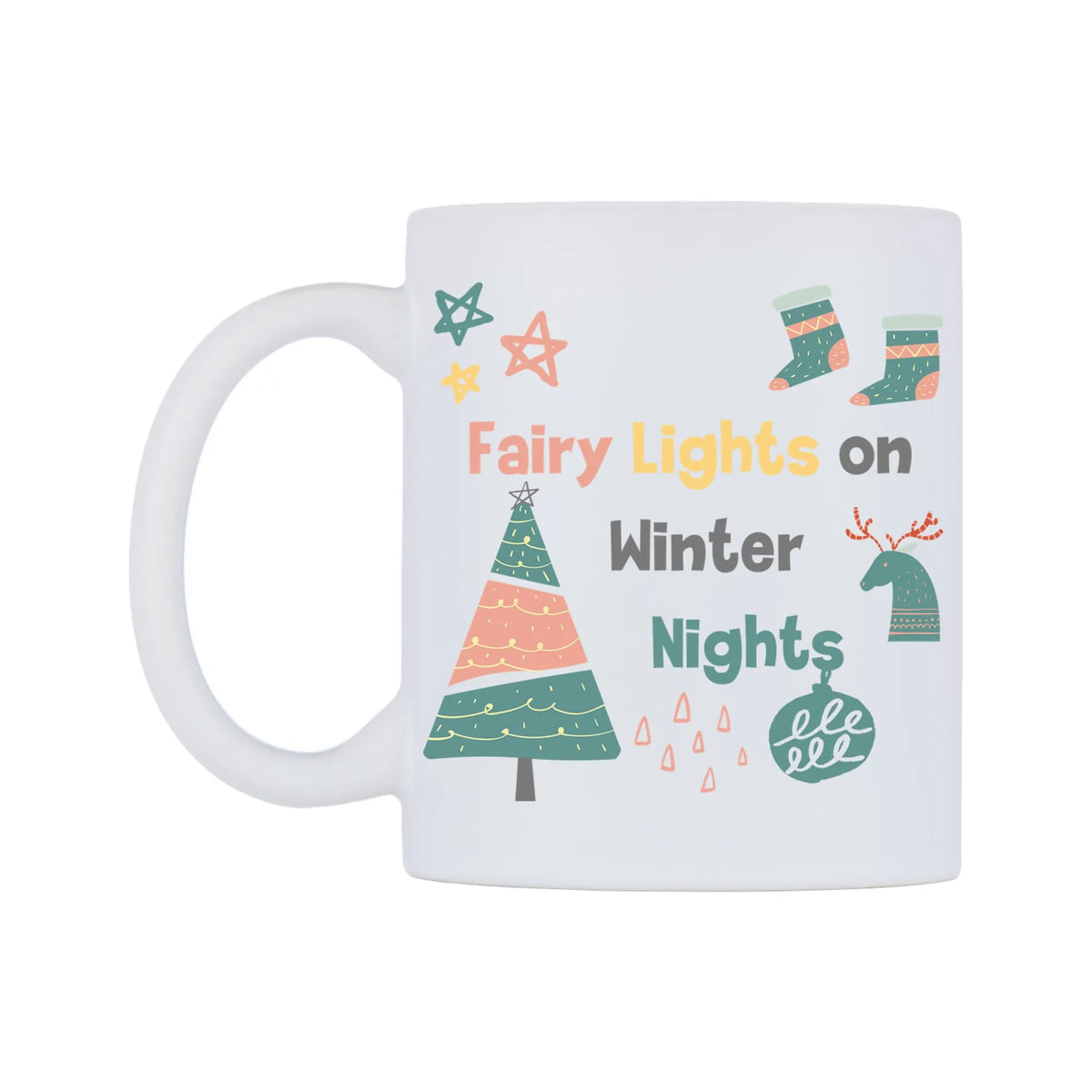 Fairy Lights on Winter Nights Mug — white 11oz gloss mug, right side, on a white background
