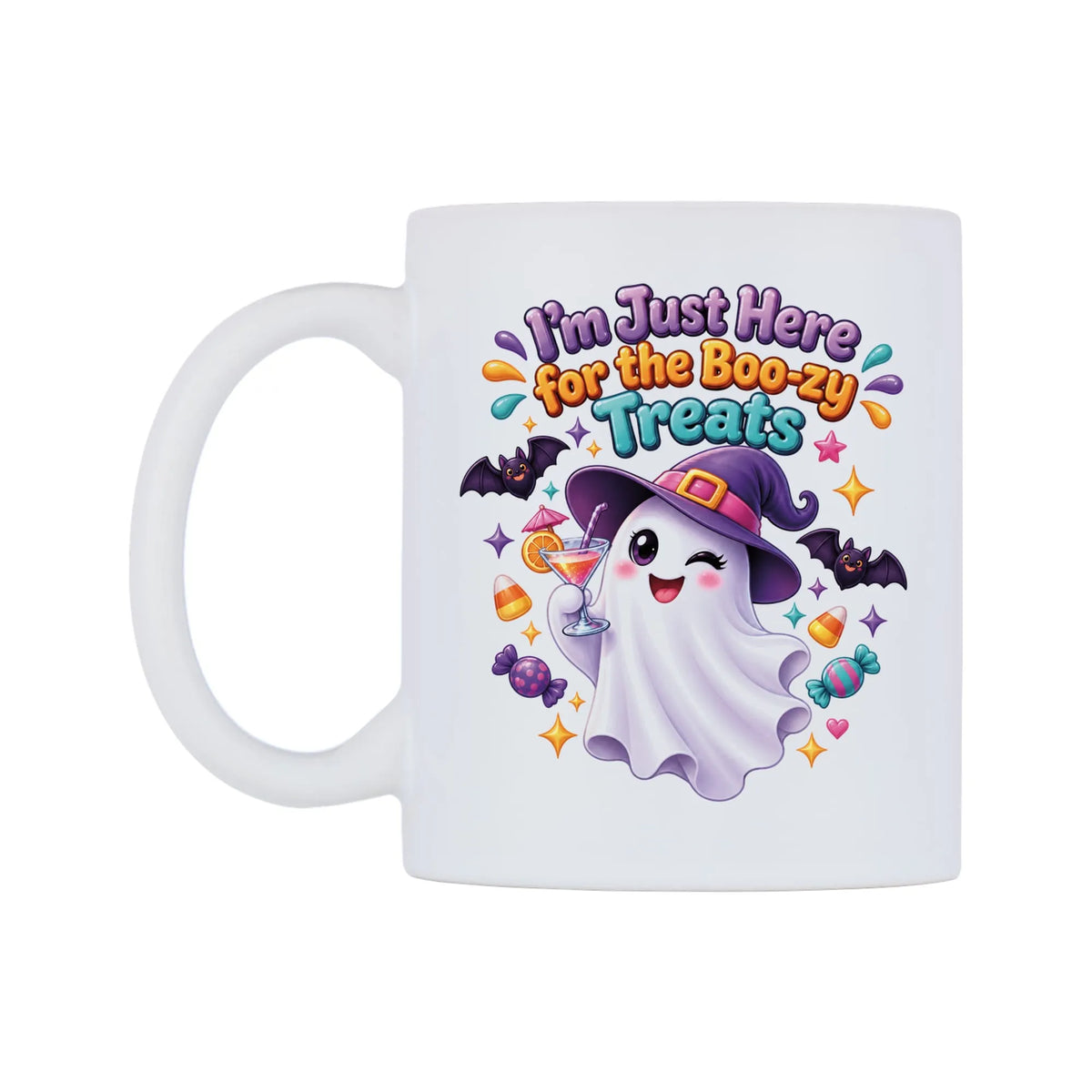 I'm Just Here for the Boo-zy Treats Mug — white 11oz gloss mug, right side, on a white background