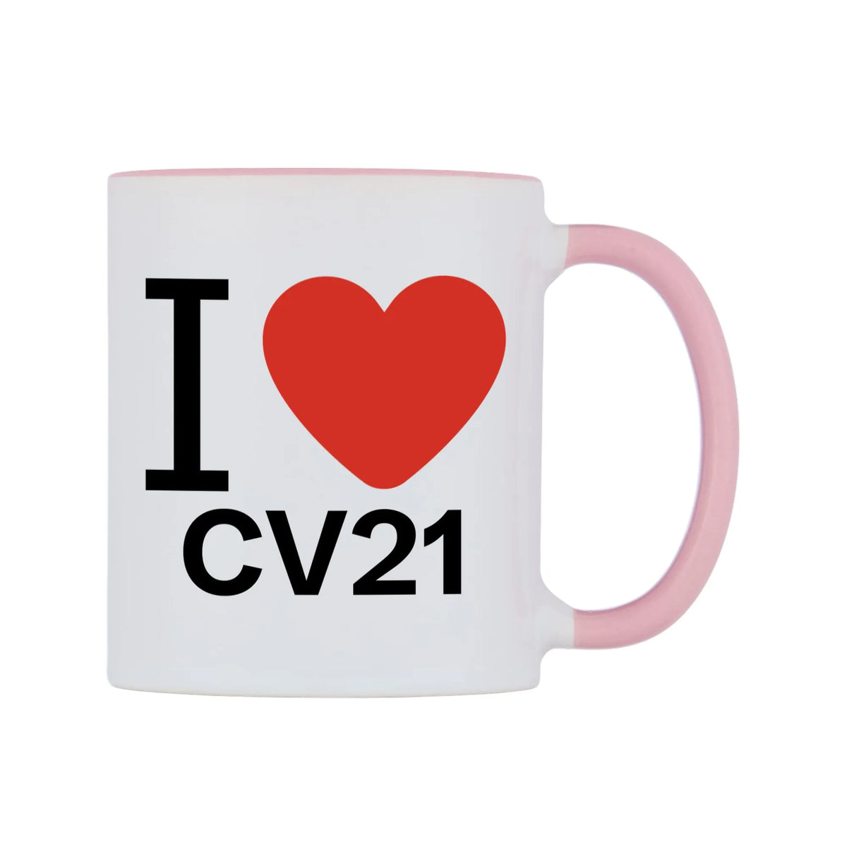 I Love CV21 Mug — white 11oz gloss mug with a pink inside and handle, left side, on a white background