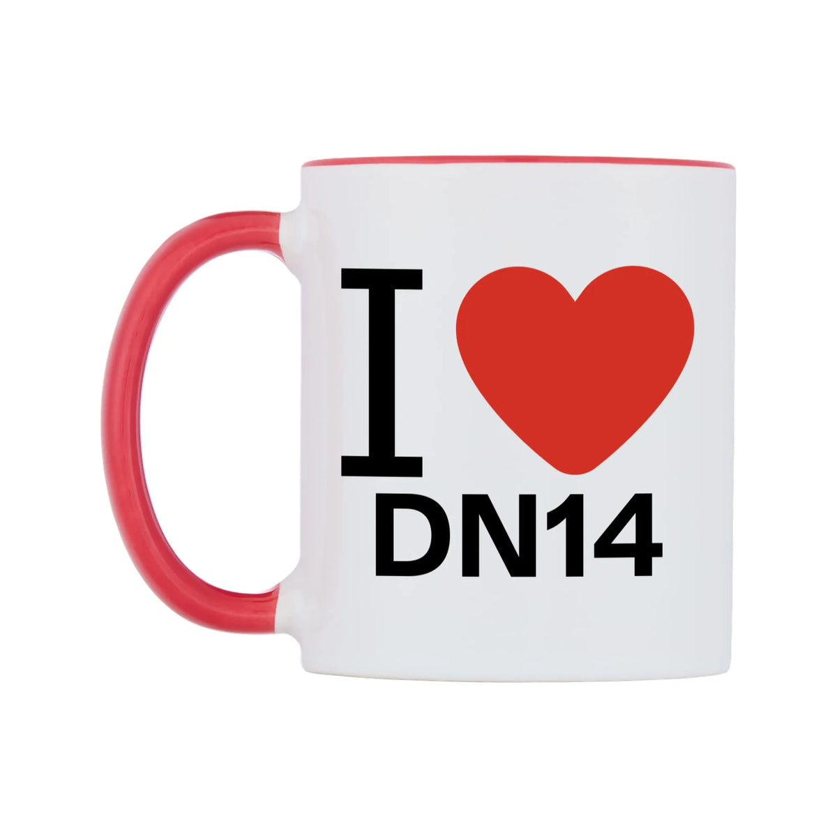 I Love DN14 Mug — white 11oz gloss mug with a red inside and handle, right side, on a white background