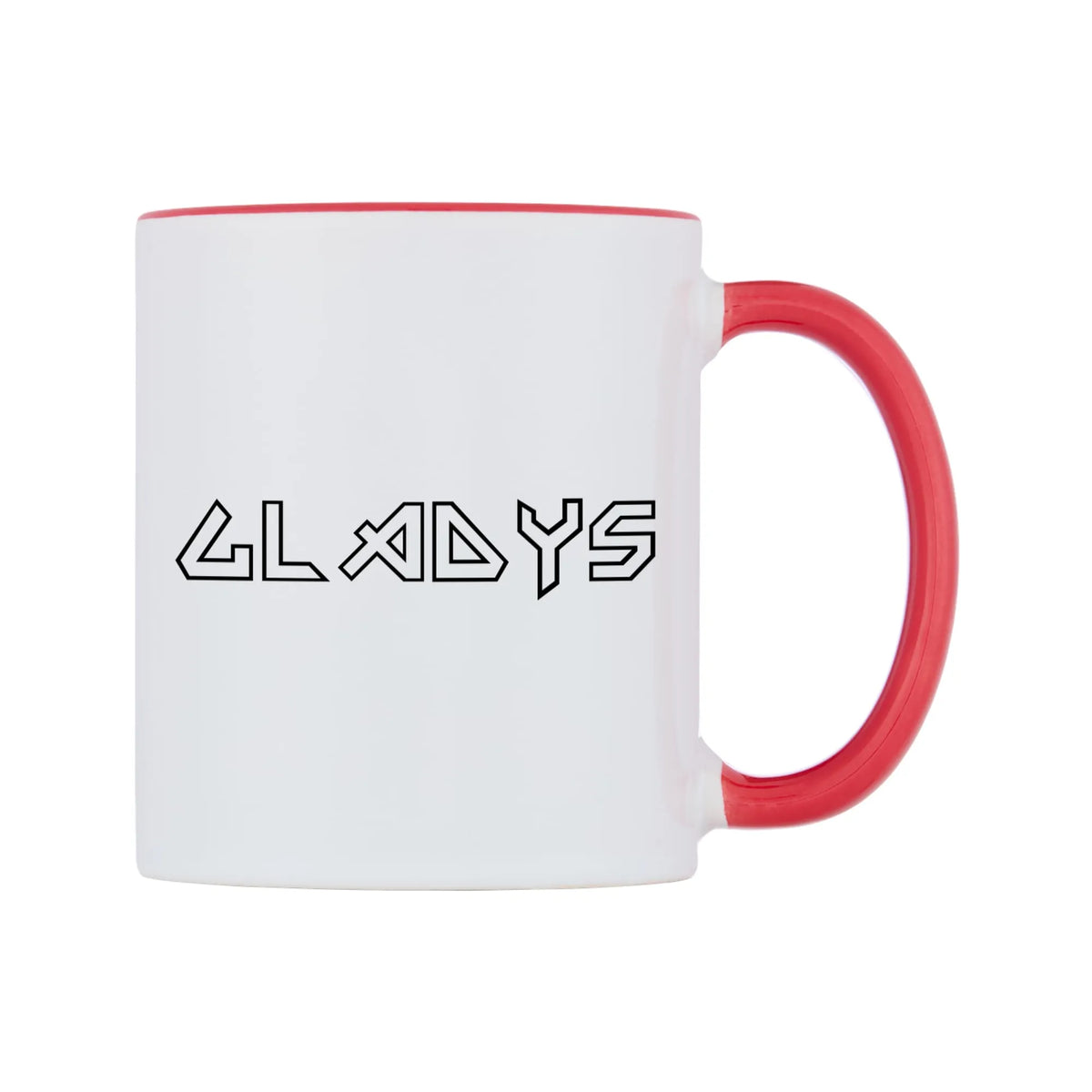 Gladys - Iron Maiden Themed Mug — white 11oz gloss mug with a red inside and handle, left side, on a white background