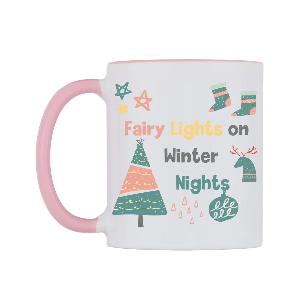Fairy Lights on Winter Nights Mug — white 11oz gloss mug with a pink inside and handle, right side, on a white background