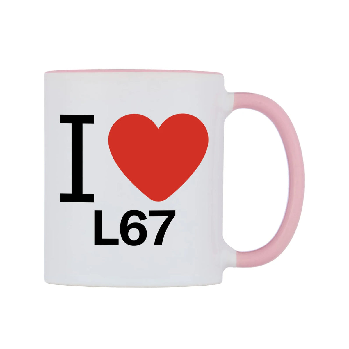 I Love L67 Mug — white 11oz gloss mug with a pink inside and handle, left side, on a white background