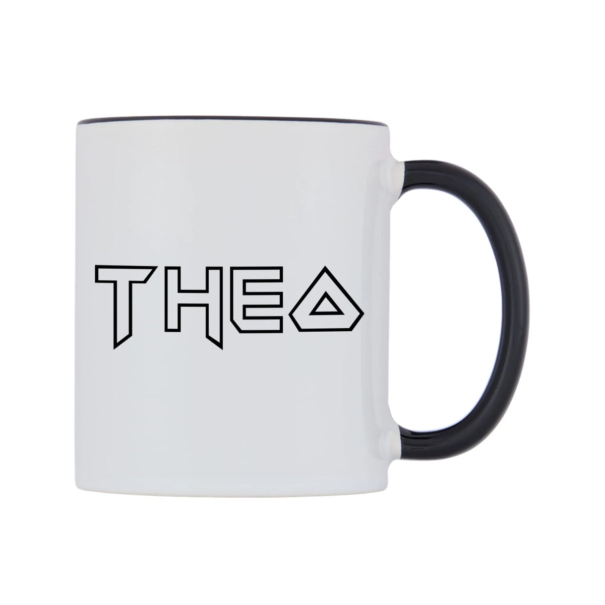 Theo - Iron Maiden Themed Mug — white 11oz gloss mug with a black inside and handle, left side, on a white background