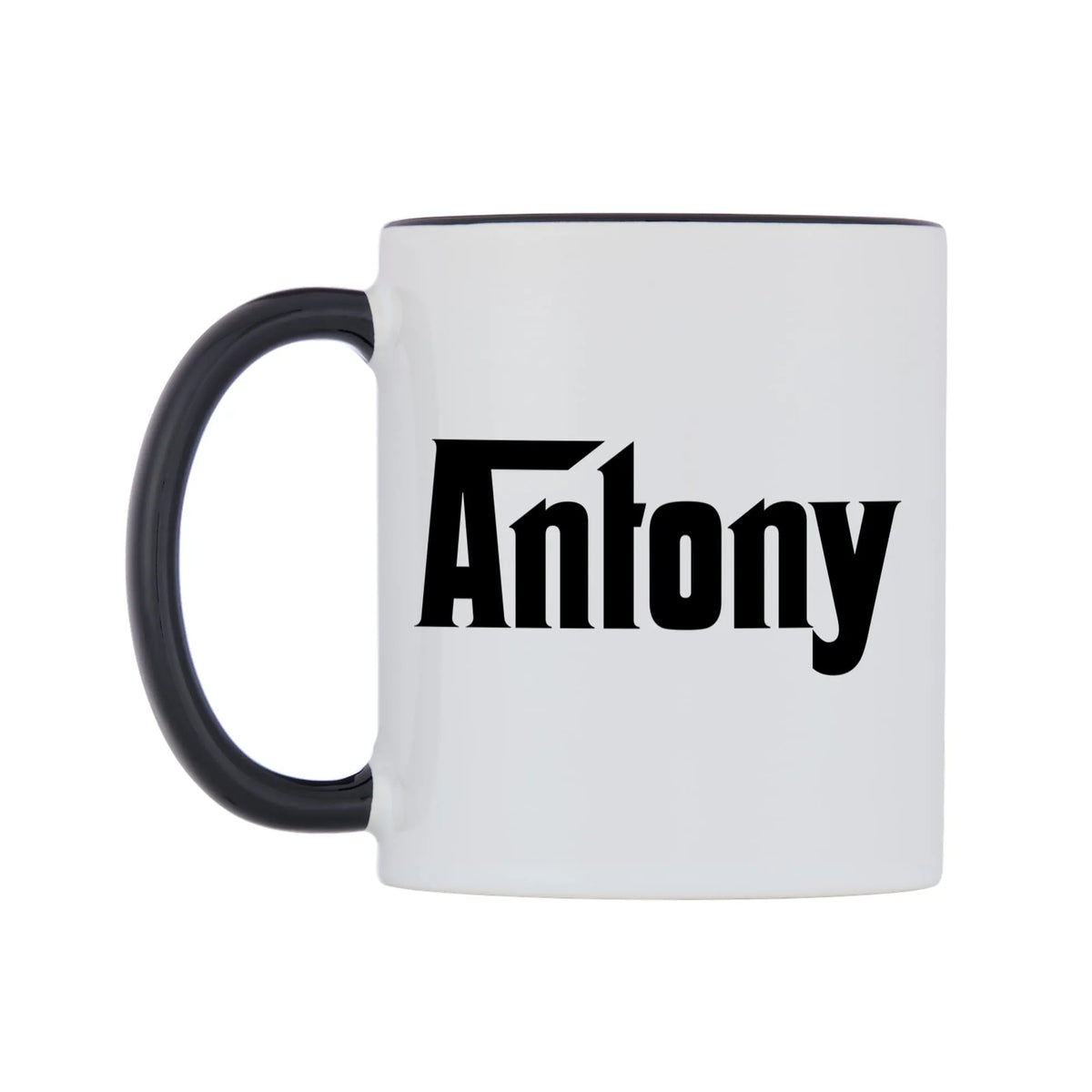 Antony - Godfather Themed Mug — white 11oz gloss mug with a black inside and handle, right side, on a white background