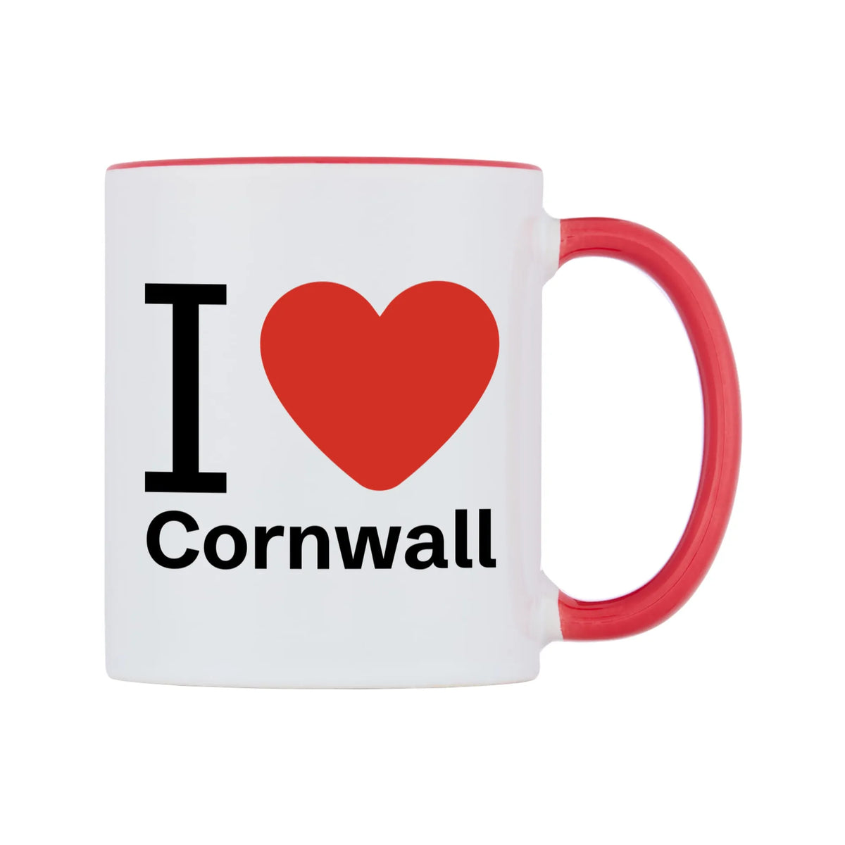 I Love Cornwall Mug — white 11oz gloss mug with a red inside and handle, left side, on a white background