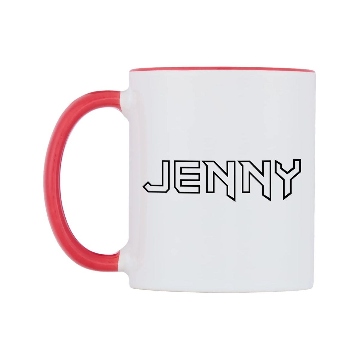 Jenny - Iron Maiden Themed Mug — white 11oz gloss mug with a red inside and handle, right side, on a white background