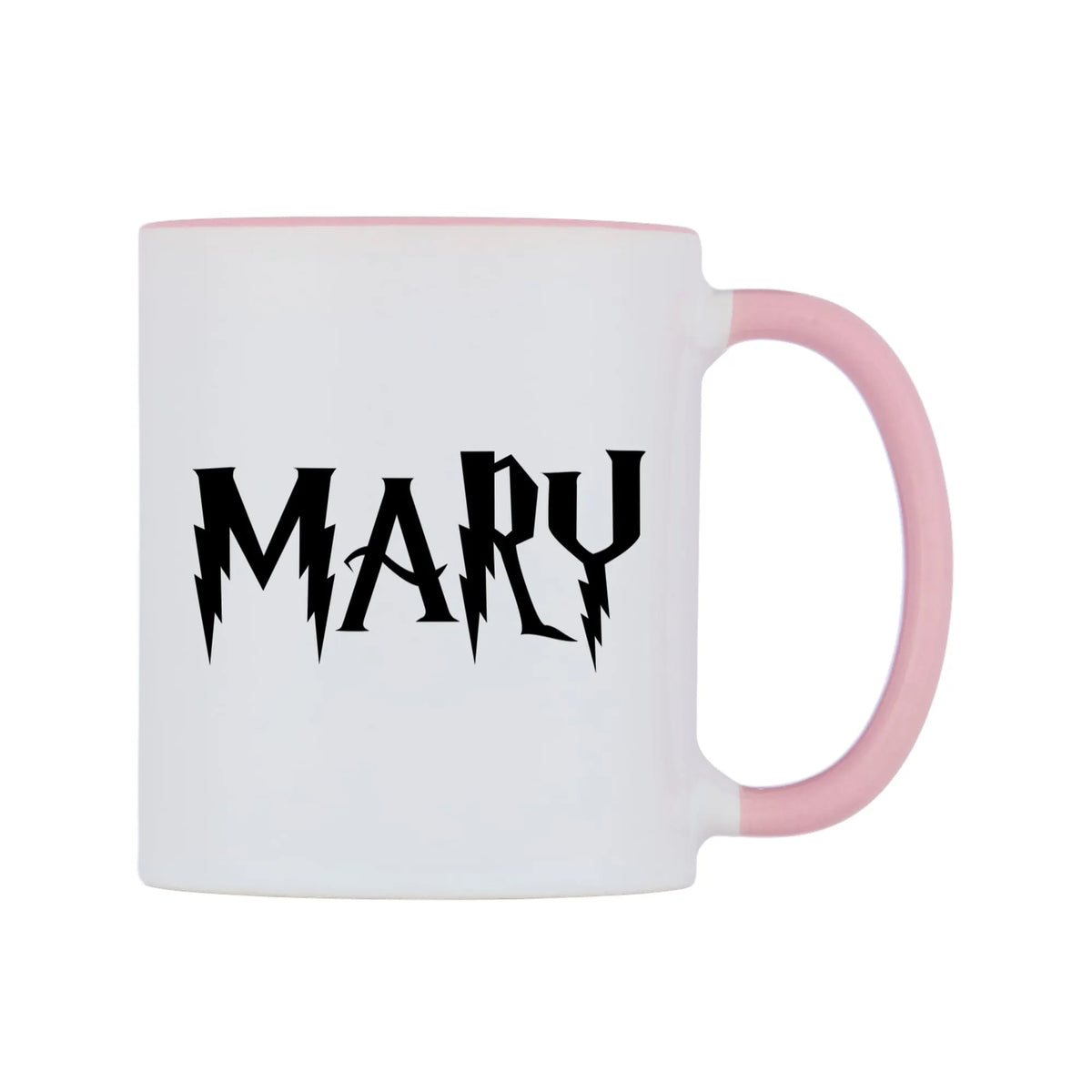 Mary - Wizard Themed Mug — white 11oz gloss mug with a pink inside and handle, left side, on a white background