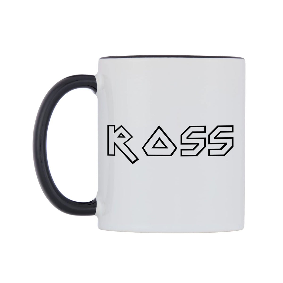 Ross - Iron Maiden Themed Mug — white 11oz gloss mug with a black inside and handle, right side, on a white background