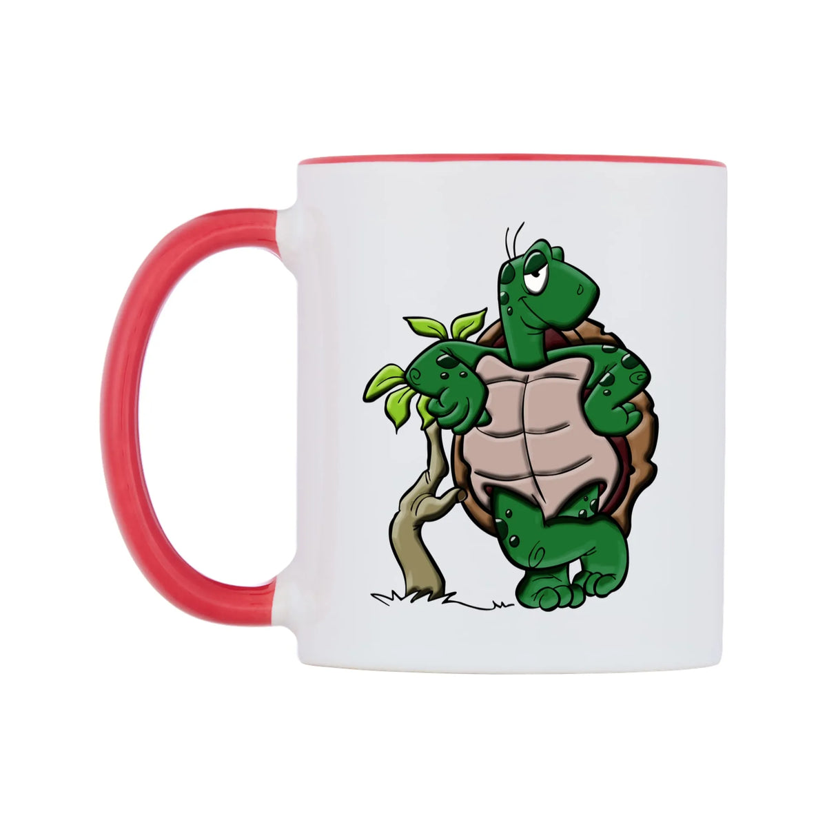 Cool Turtle Mug — white 11oz gloss mug with a red inside and handle, right side, on a white background