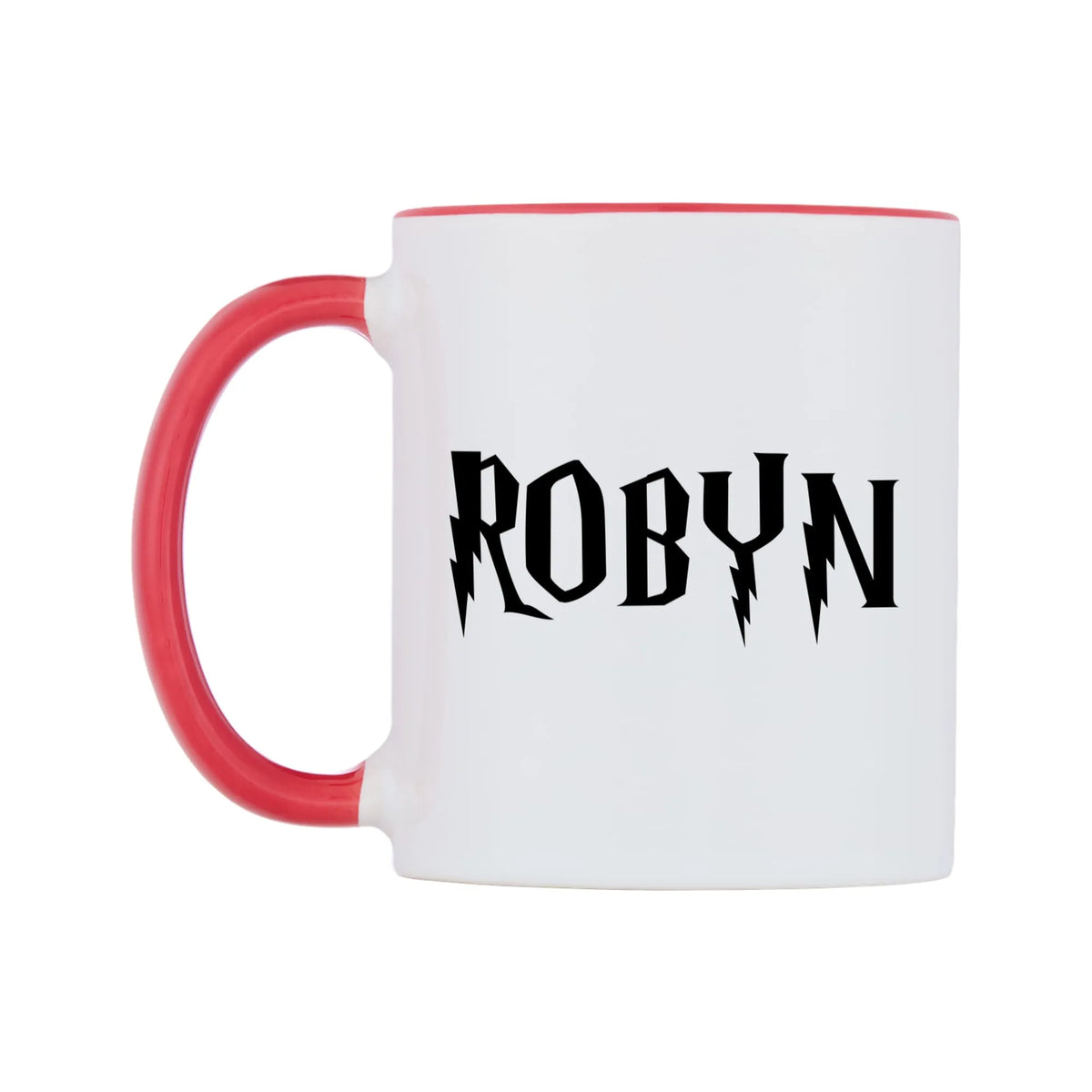 Robyn - Wizard Themed Mug — white 11oz gloss mug with a red inside and handle, right side, on a white background