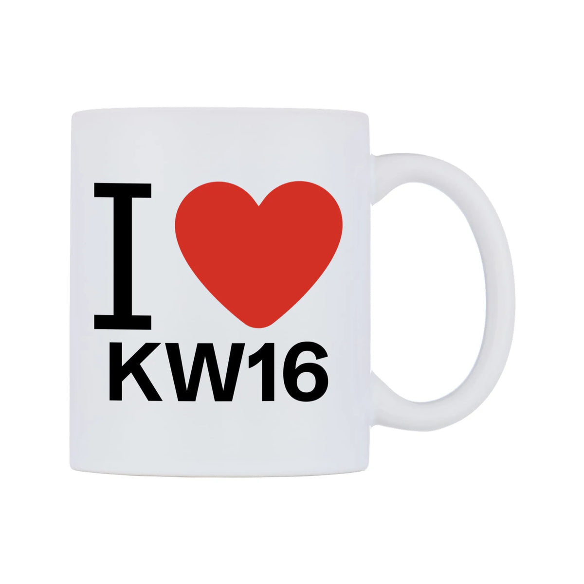 I Love KW16 Mug — white 11oz gloss mug, left side, on a white background