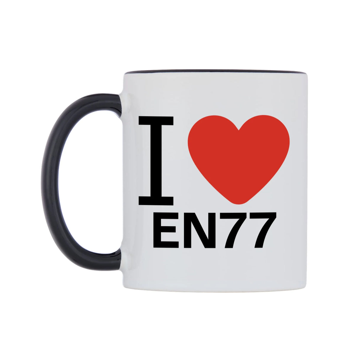 I Love EN77 Mug — white 11oz gloss mug with a black inside and handle, right side, on a white background