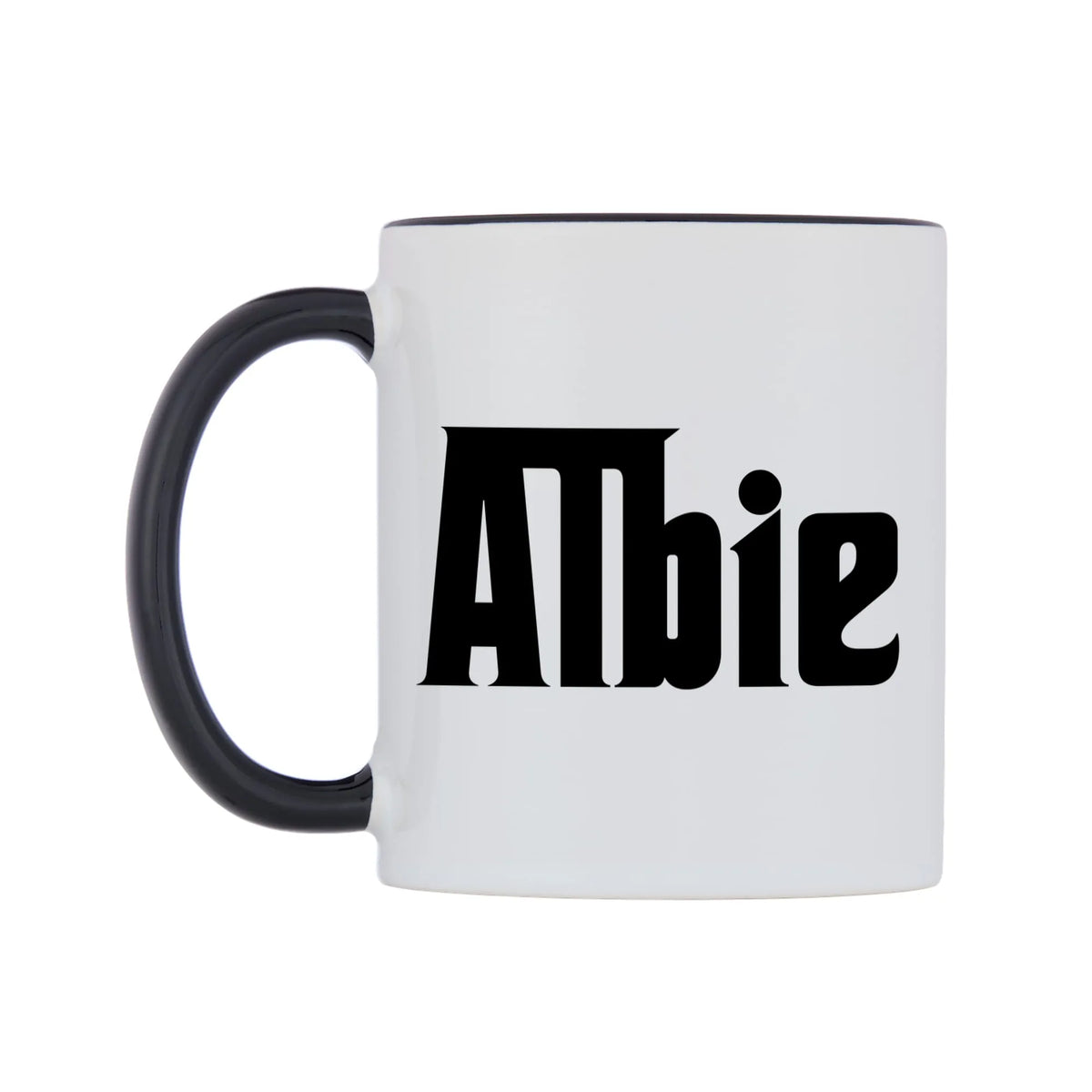 Albie - Godfather Themed Mug — white 11oz gloss mug with a black inside and handle, right side, on a white background