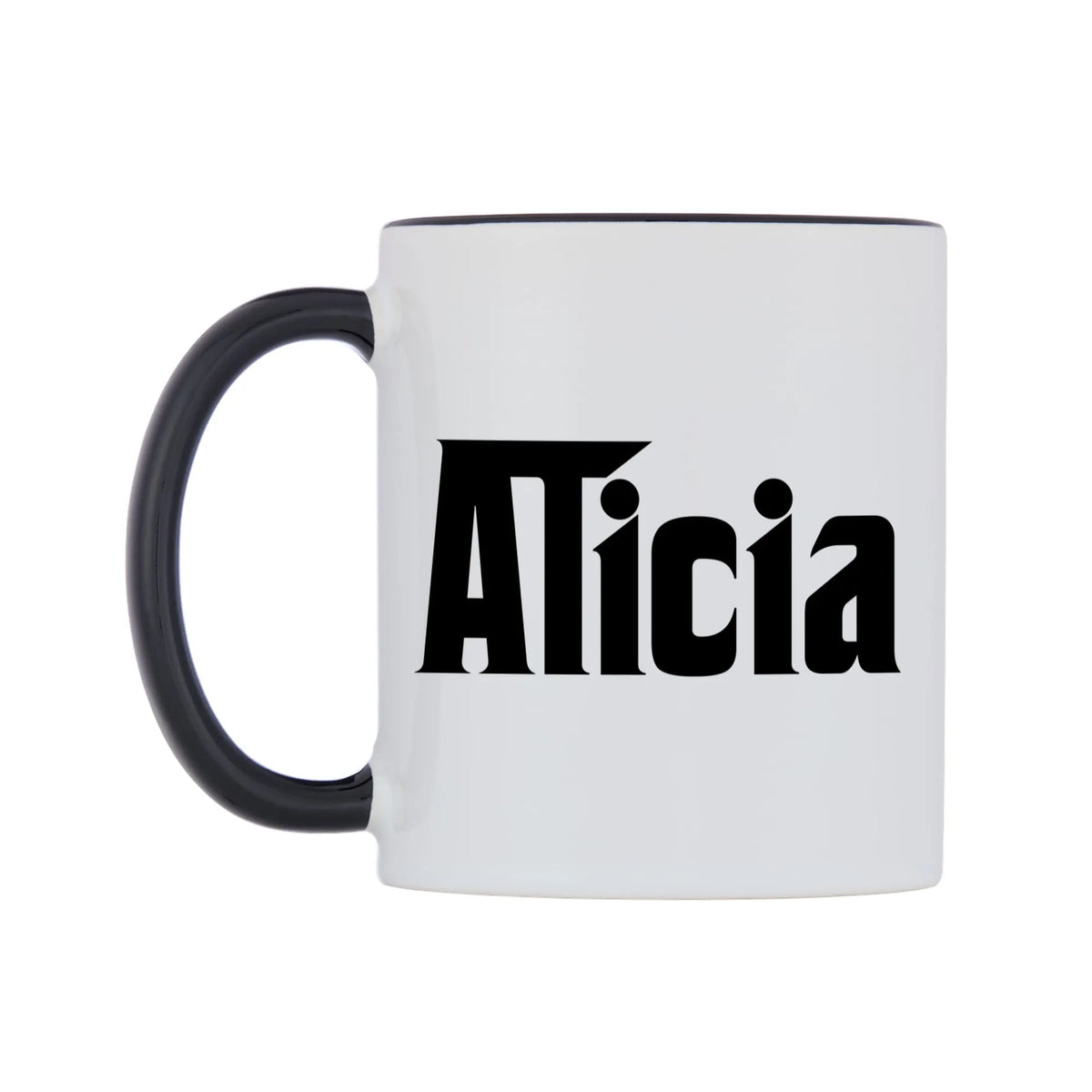 Alicia - Godfather Themed Mug — white 11oz gloss mug with a black inside and handle, right side, on a white background