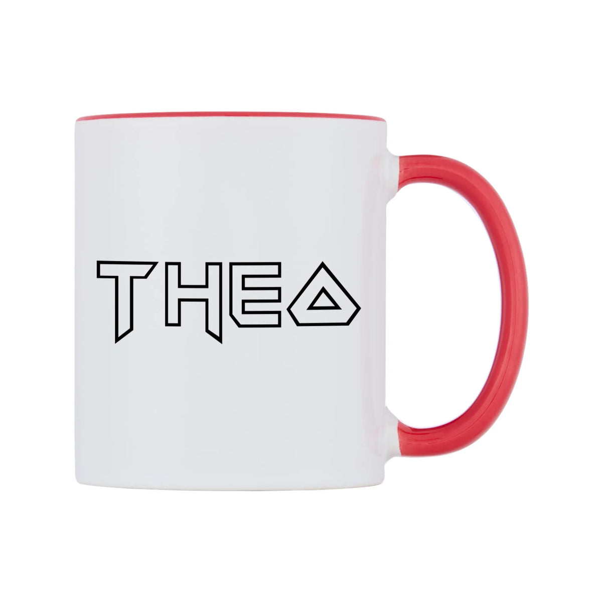 Theo - Iron Maiden Themed Mug — white 11oz gloss mug with a red inside and handle, left side, on a white background