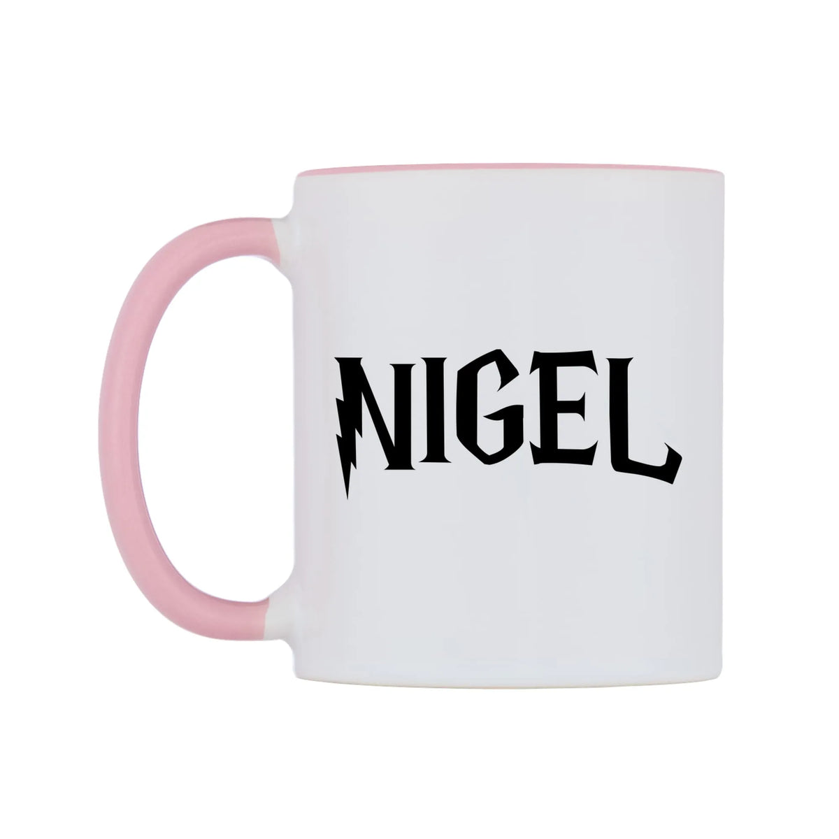 Nigel - Wizard Themed Mug — white 11oz gloss mug with a pink inside and handle, right side, on a white background