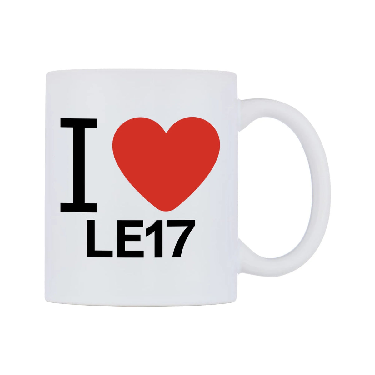 I Love LE17 Mug — white 11oz gloss mug, left side, on a white background