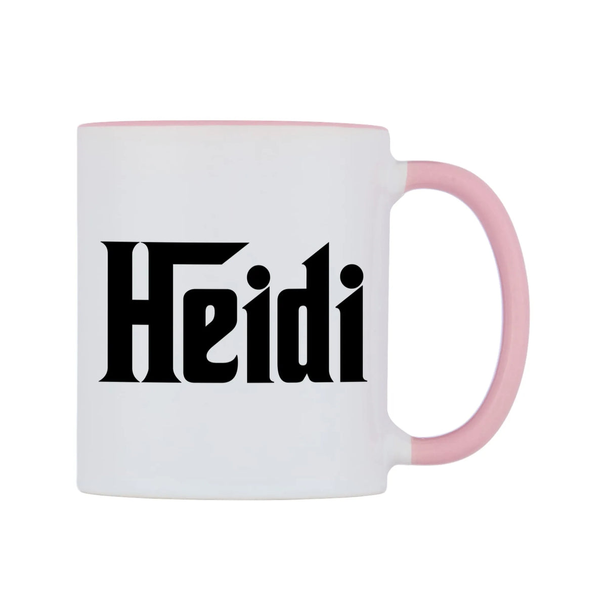 Heidi - Godfather Themed Mug — white 11oz gloss mug with a pink inside and handle, left side, on a white background