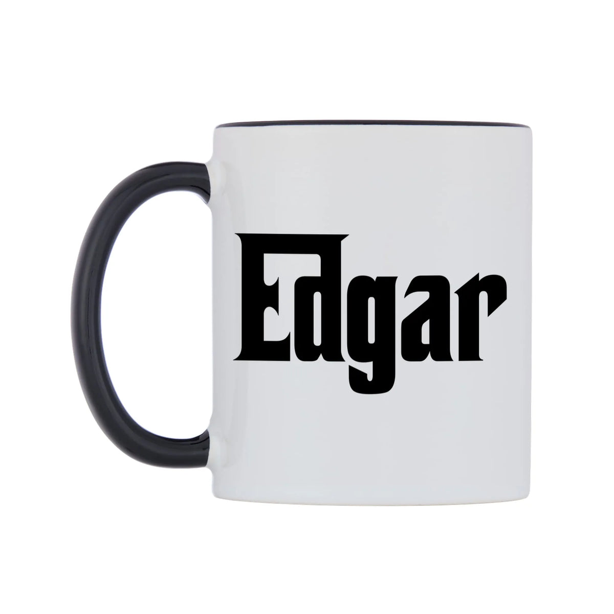 Edgar - Godfather Themed Mug — white 11oz gloss mug with a black inside and handle, right side, on a white background