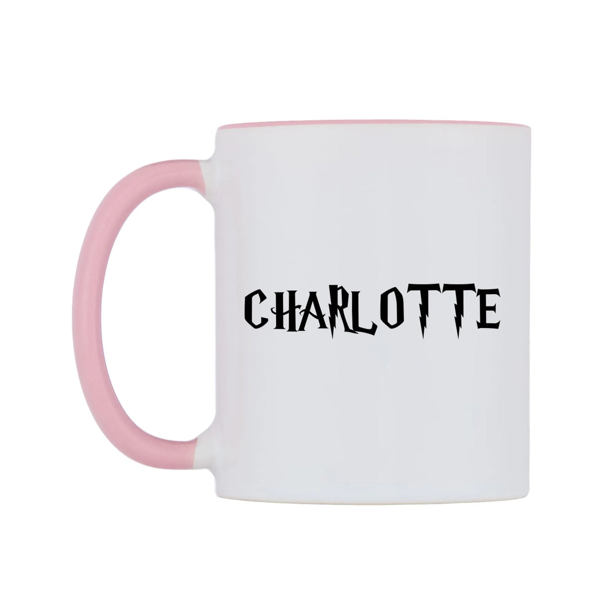 Charlotte - Wizard Themed Mug — white 11oz gloss mug with a pink inside and handle, right side, on a white background
