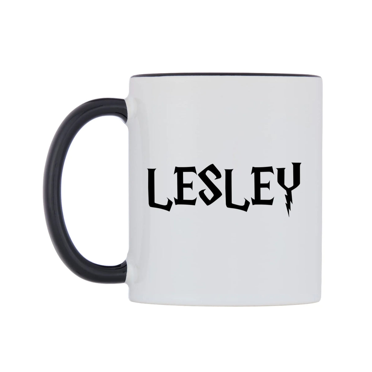 Lesley - Wizard Themed Mug — white 11oz gloss mug with a black inside and handle, right side, on a white background