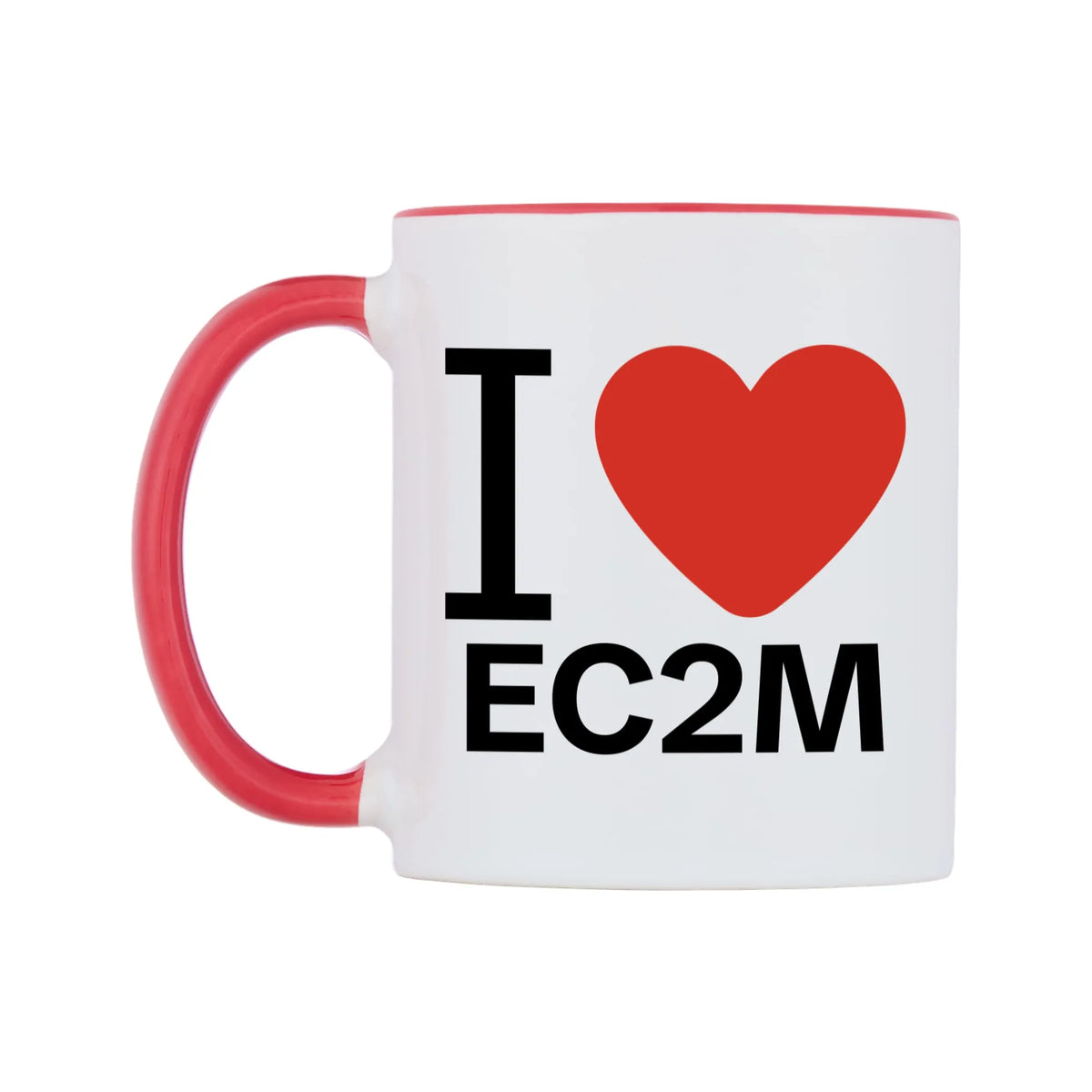 I Love EC2M Mug — white 11oz gloss mug with a red inside and handle, right side, on a white background