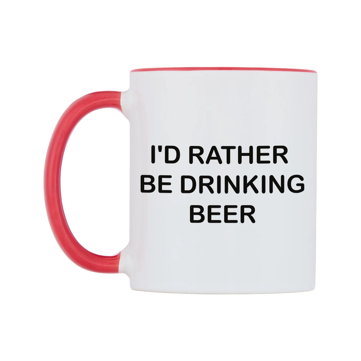 I'd Rather Be Drinking Beer Mug — white 11oz gloss mug with a red inside and handle, right side, on a white background