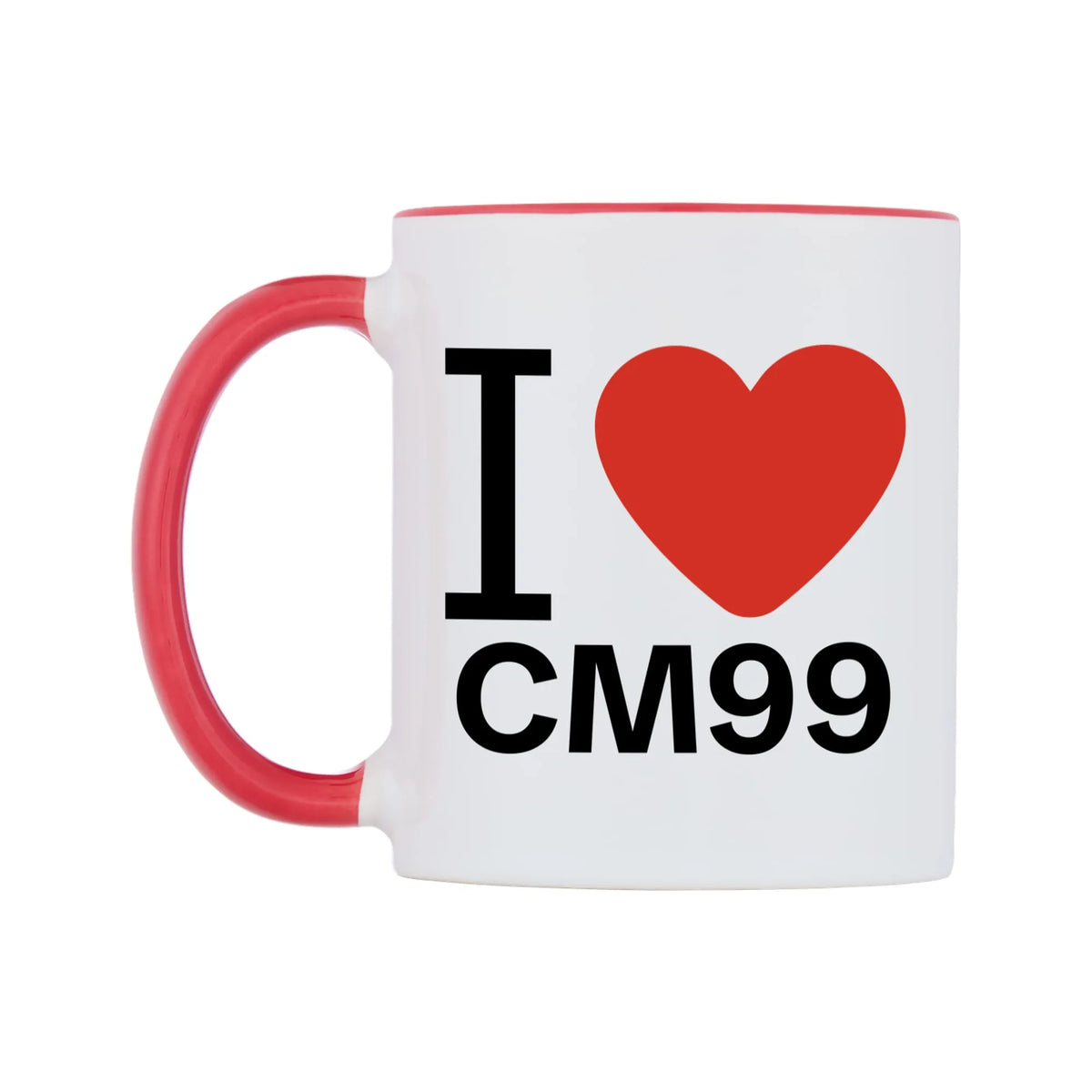 I Love CM99 Mug — white 11oz gloss mug with a red inside and handle, right side, on a white background