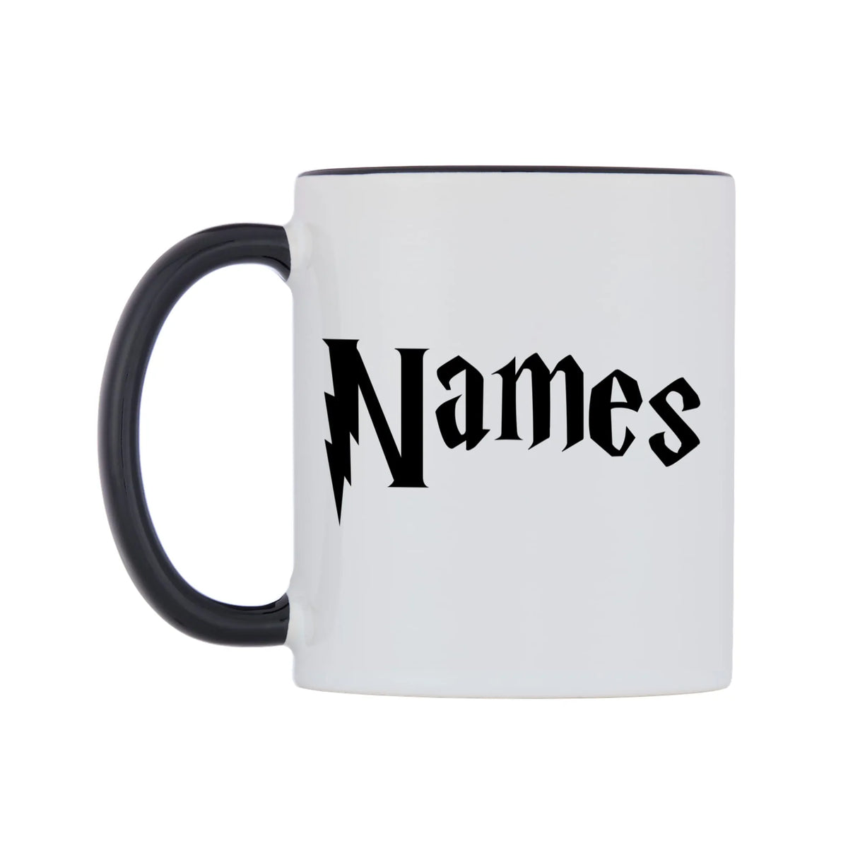 Personlised Wizard Themed Font Name Mug — white 11oz gloss mug with a black inside and handle, right side, on a white background