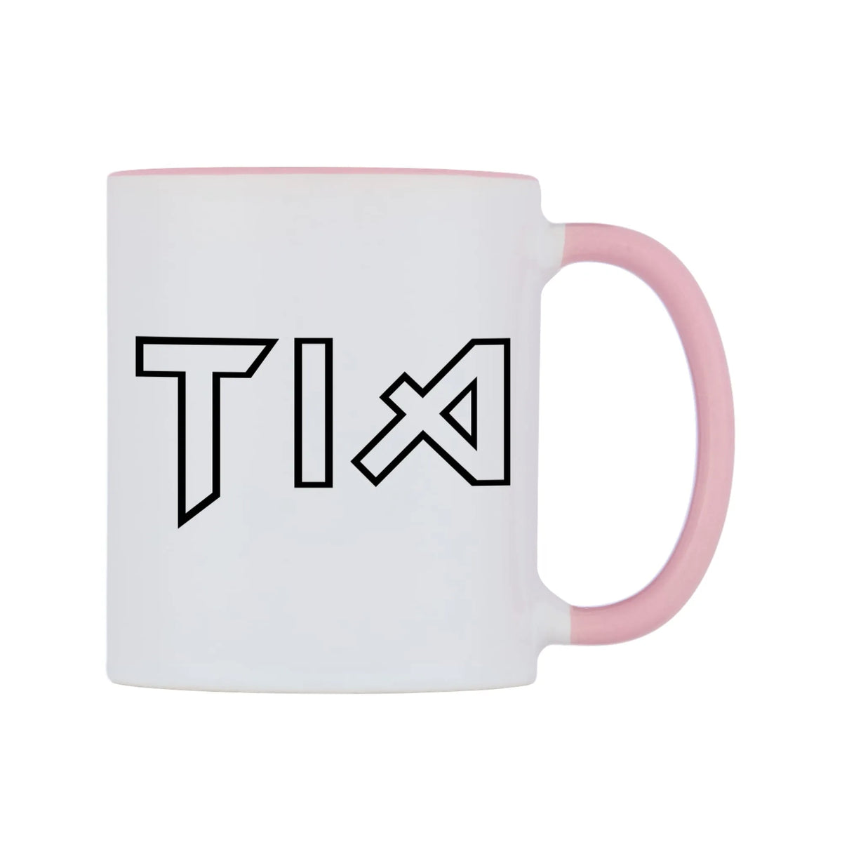 Tia - Iron Maiden Themed Mug — white 11oz gloss mug with a pink inside and handle, left side, on a white background