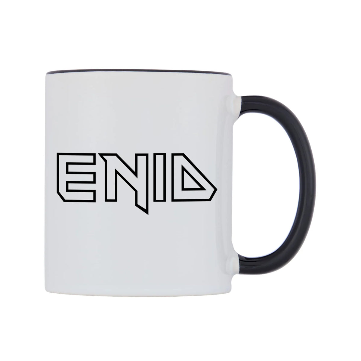 Enid - Iron Maiden Themed Mug — white 11oz gloss mug with a black inside and handle, left side, on a white background