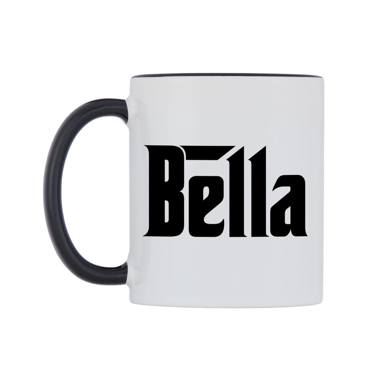 Bella - Godfather Themed Mug — white 11oz gloss mug with a black inside and handle, right side, on a white background