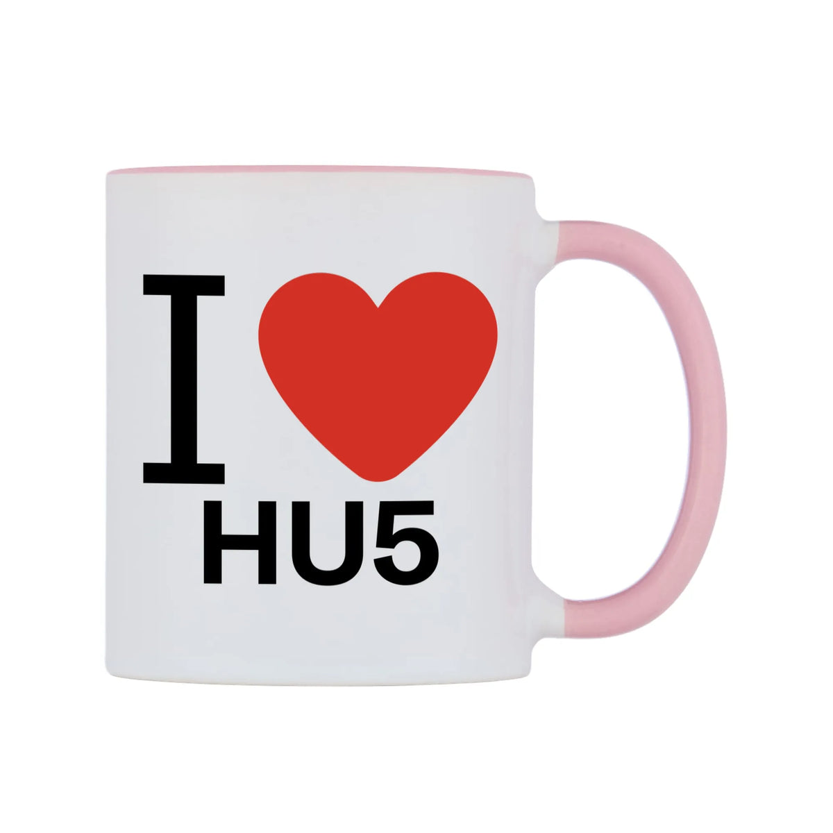 I Love HU5 Mug — white 11oz gloss mug with a pink inside and handle, left side, on a white background