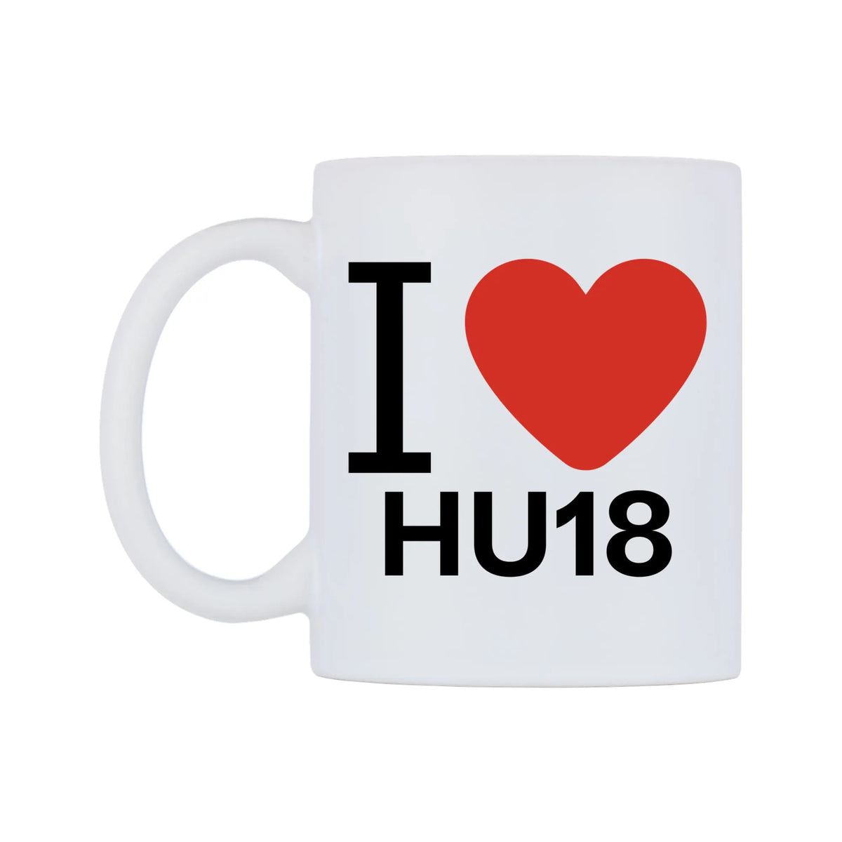 I Love HU18 Mug — white 11oz gloss mug, right side, on a white background