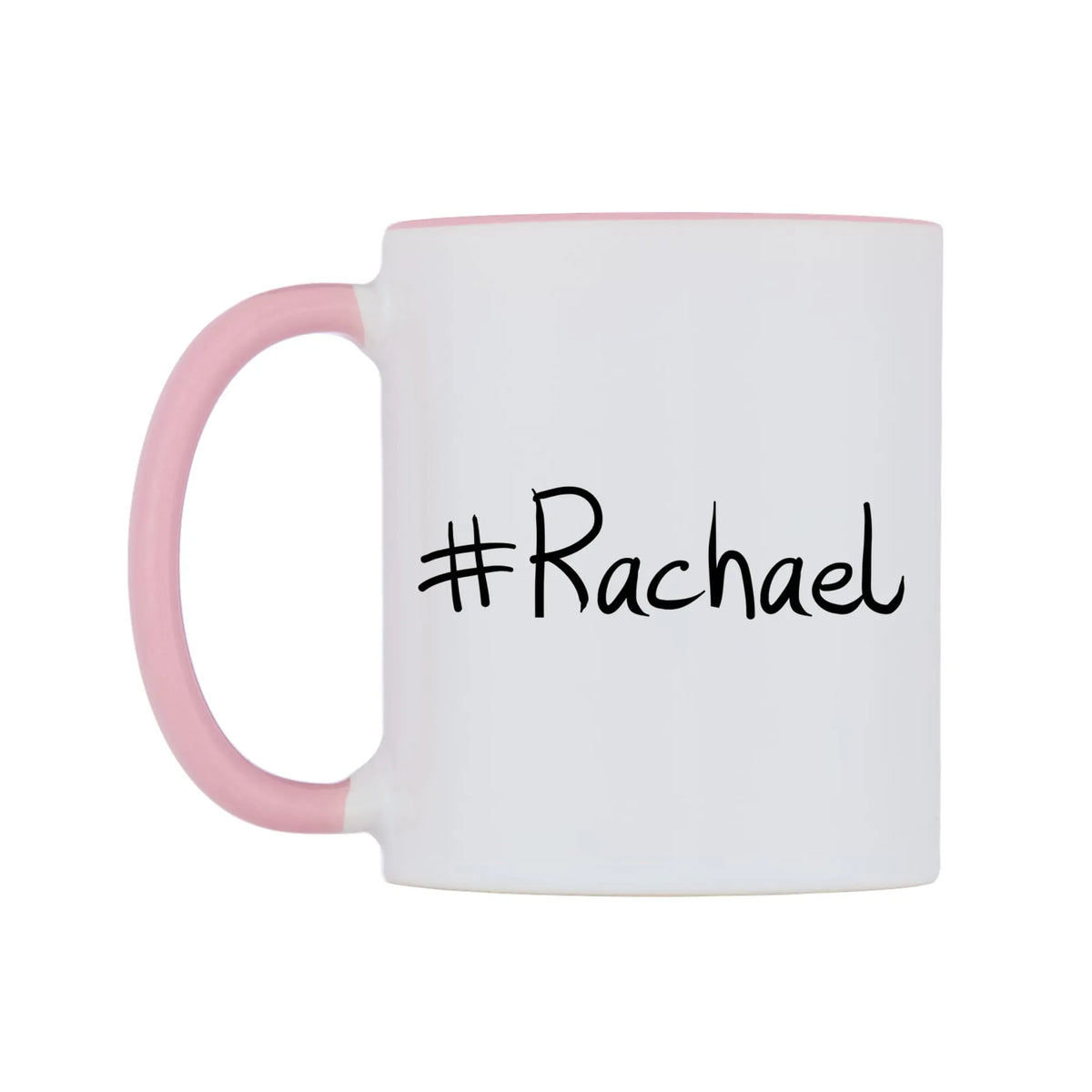 Rachael Mug — white 11oz gloss mug with a pink inside and handle, right side, on a white background