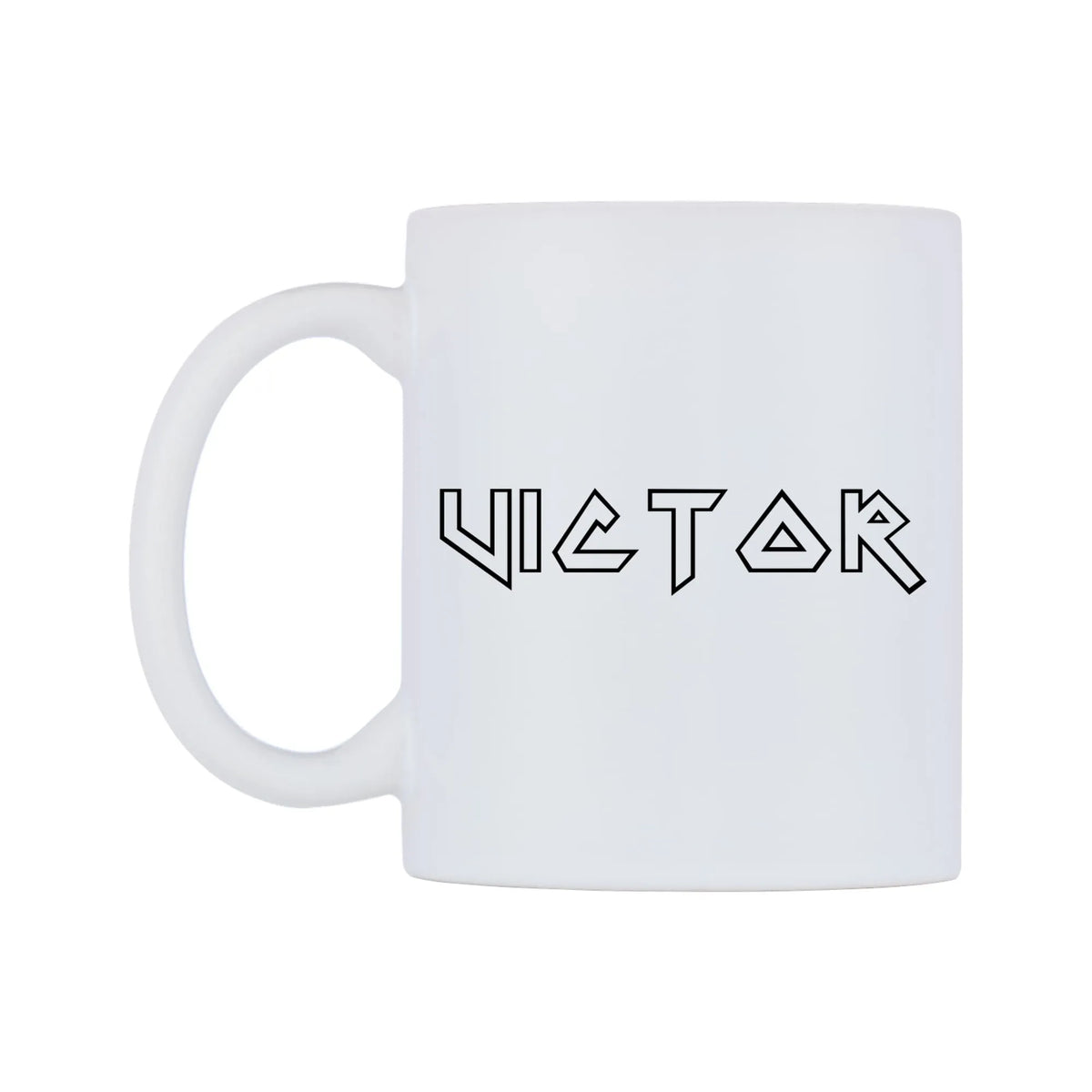 Victor - Iron Maiden Themed Mug — white 11oz gloss mug, right side, on a white background