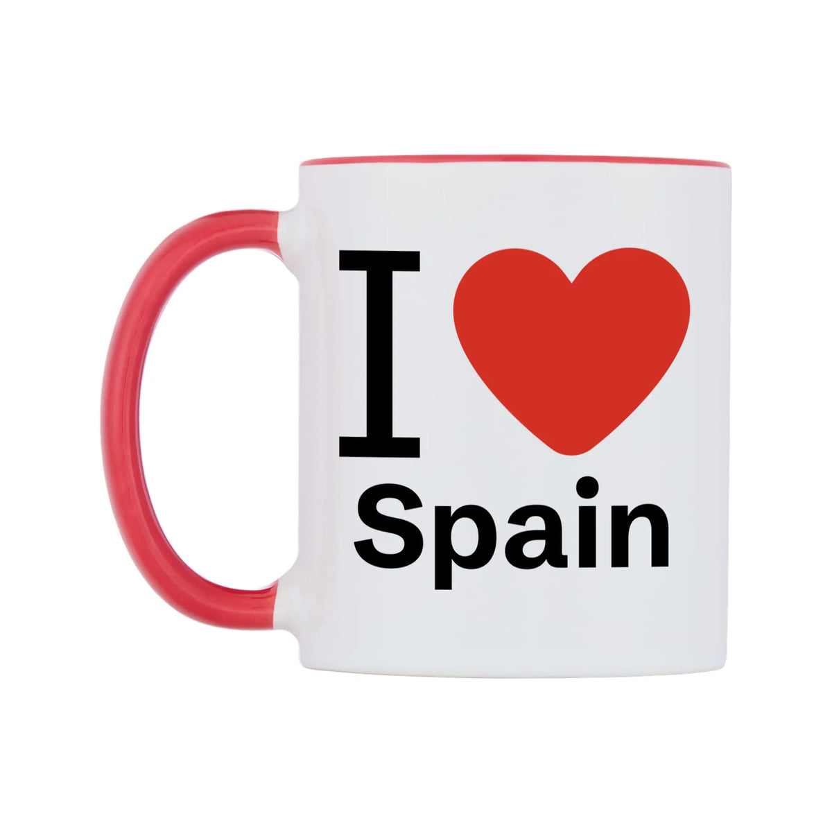 I Love Spain Mug — white 11oz gloss mug with a red inside and handle, right side, on a white background