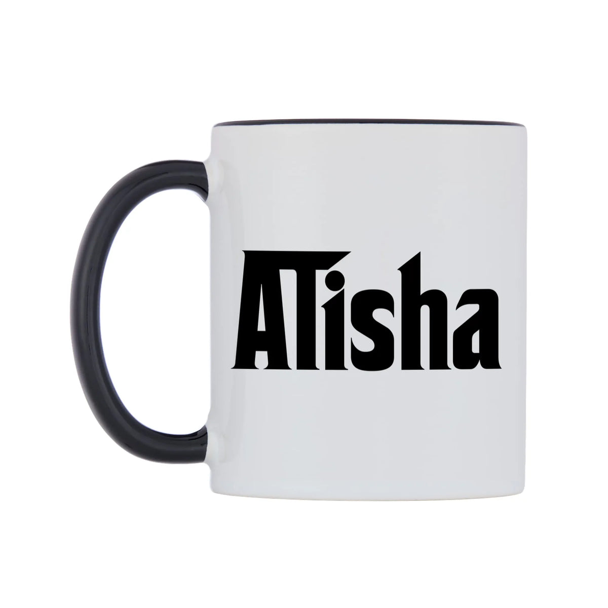Alisha - Godfather Themed Mug — white 11oz gloss mug with a black inside and handle, right side, on a white background