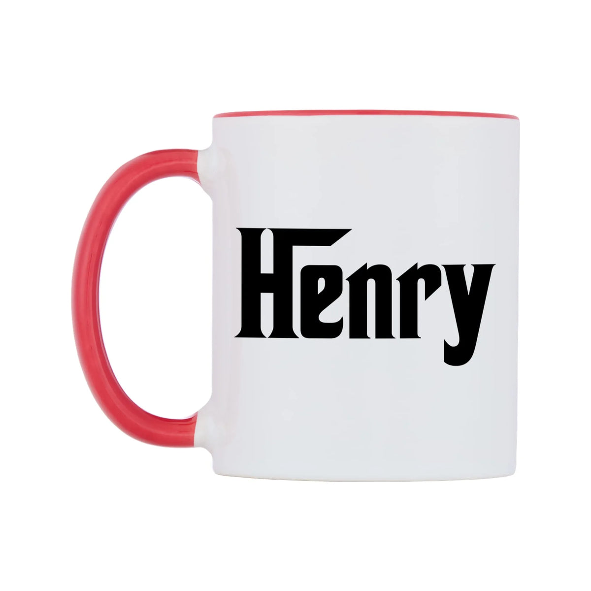 Henry - Godfather Themed Mug — white 11oz gloss mug with a red inside and handle, right side, on a white background