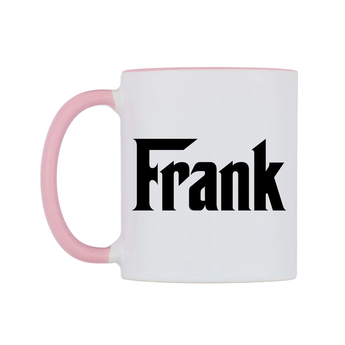 Frank - Godfather Themed Mug — white 11oz gloss mug with a pink inside and handle, right side, on a white background