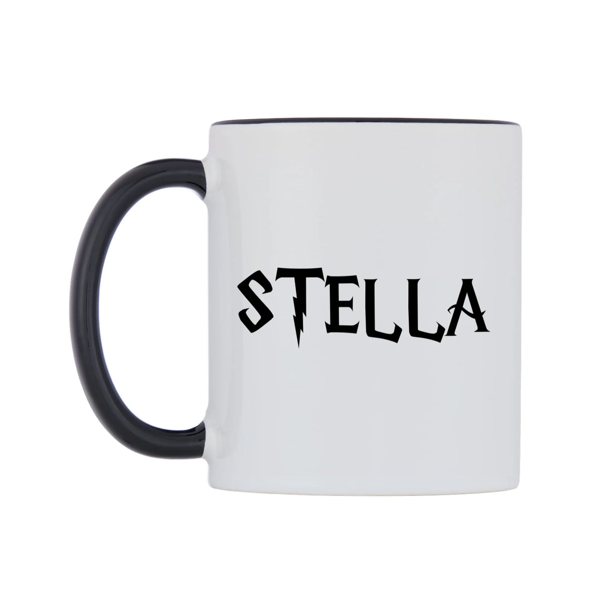 Stella - Wizard Themed Mug — white 11oz gloss mug with a black inside and handle, right side, on a white background