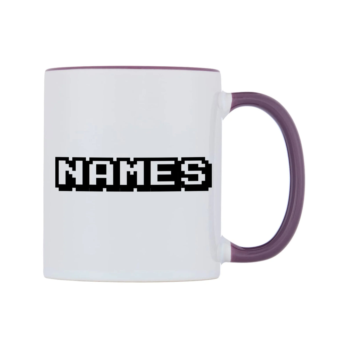 Personalised Arcade Themed Font Names Mug — white 11oz gloss mug with a purple inside and handle, left side, on a white background