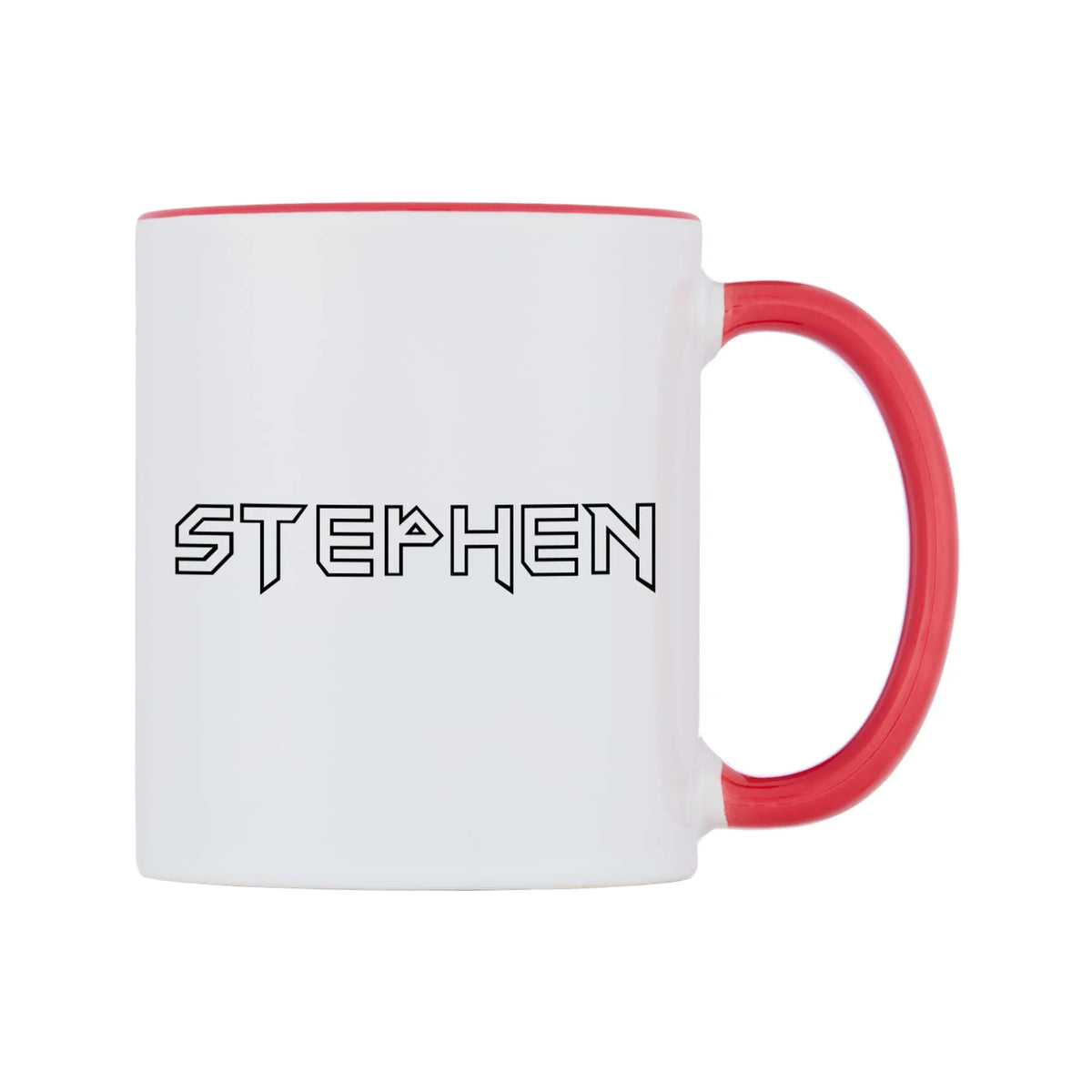Stephen - Iron Maiden Themed Mug — white 11oz gloss mug with a red inside and handle, left side, on a white background