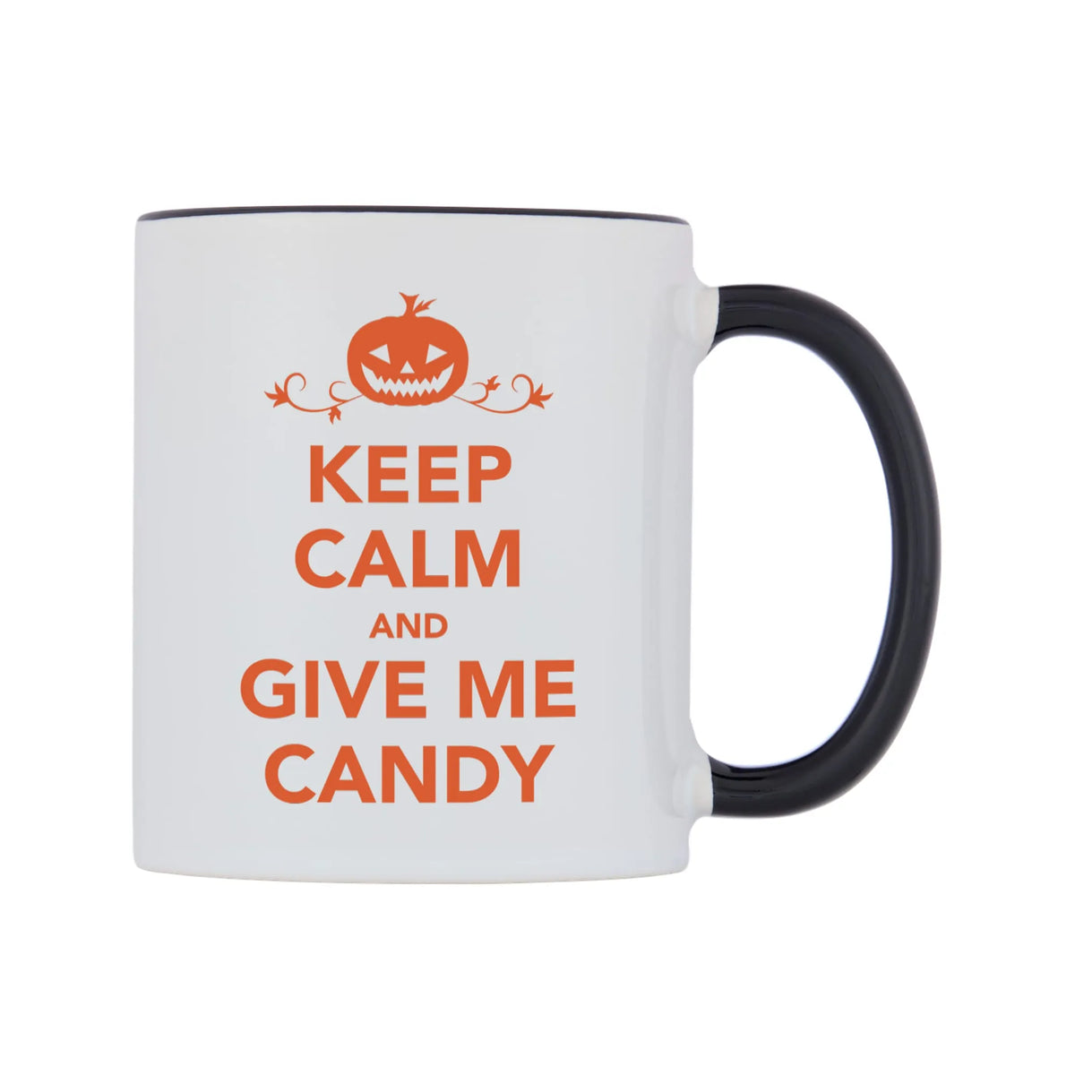 Keep Calm And Give Me Candy Mug — white 11oz gloss mug with a black inside and handle, left side, on a white background